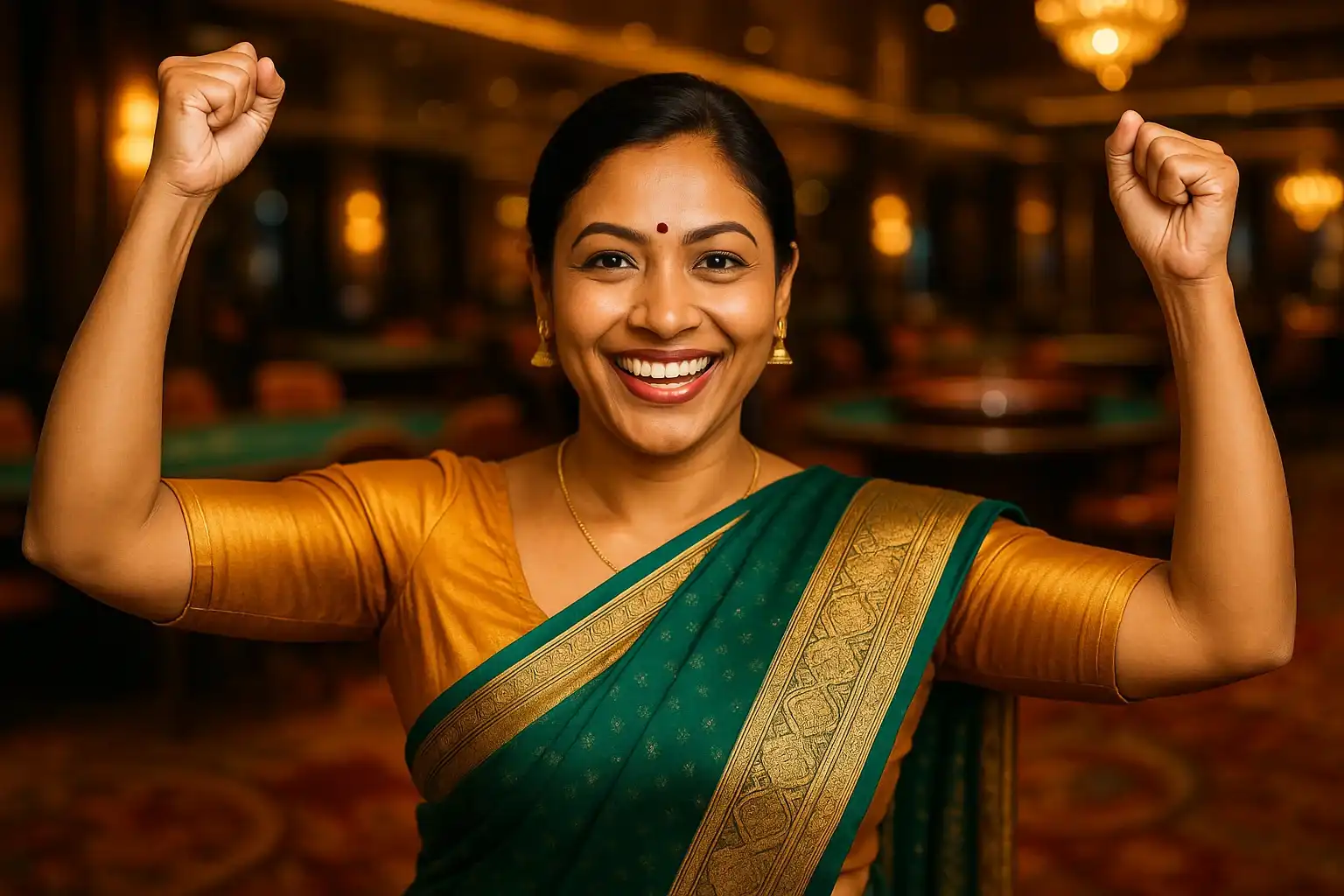 Confident Bangladeshi woman in elegant saree celebrating victory in luxury casino lounge