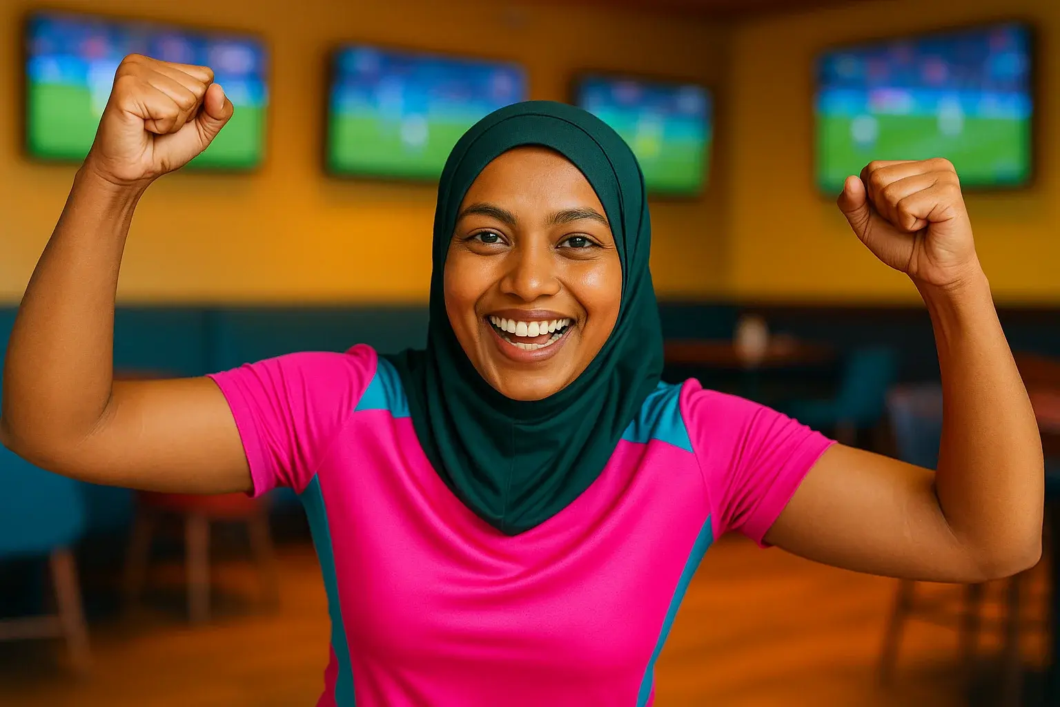 Joyful Bangladeshi woman in modern sportswear celebrating with arms raised