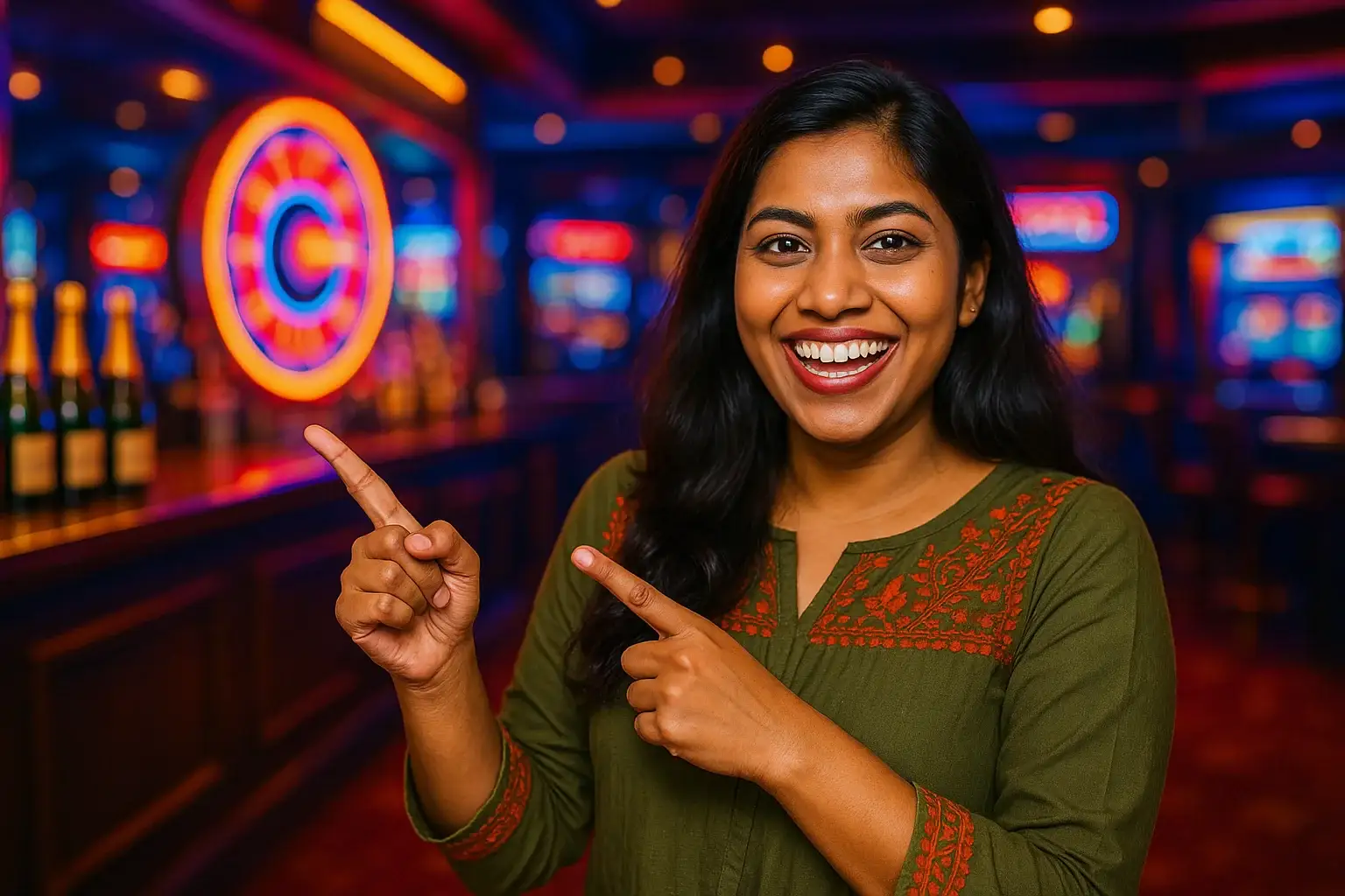 Happy Bangladeshi woman pointing at win, casino bar neon background