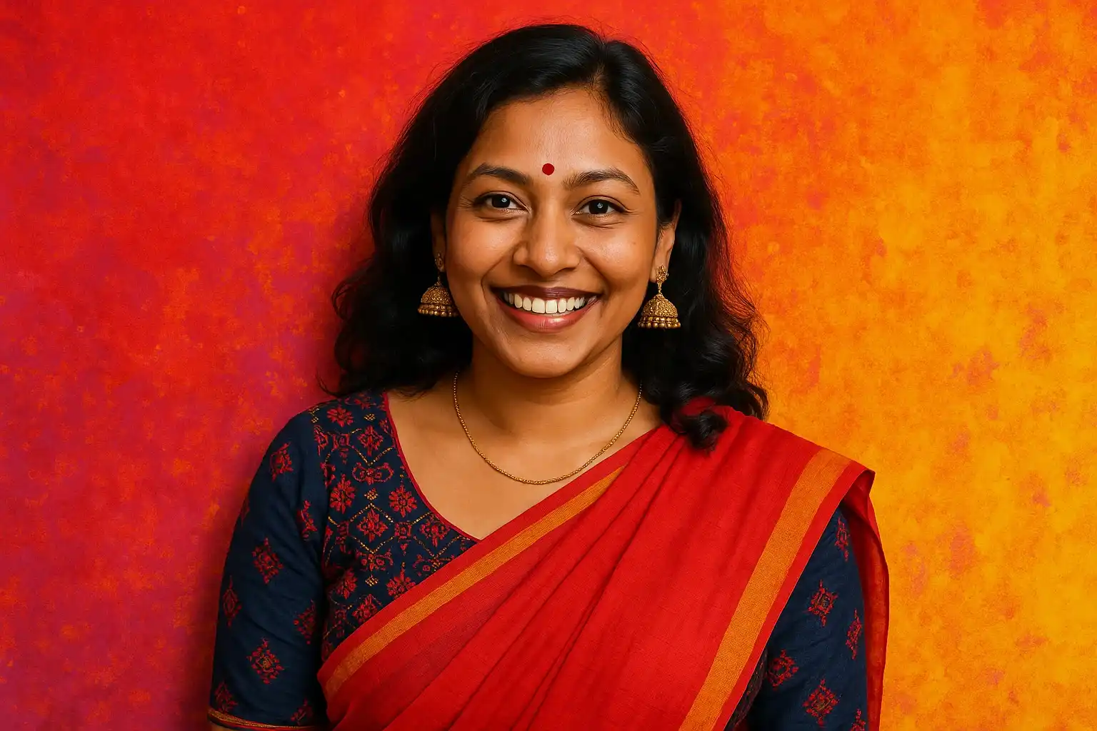 High-resolution portrait of happy Bangladeshi woman in modern fusion wear