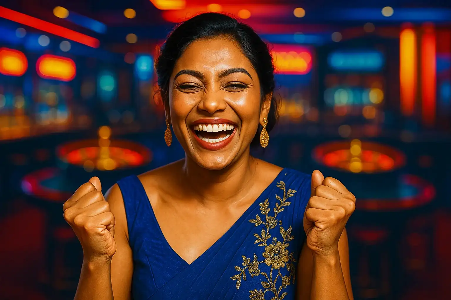Joyful Bangladeshi woman in evening dress celebrating at neon casino bar