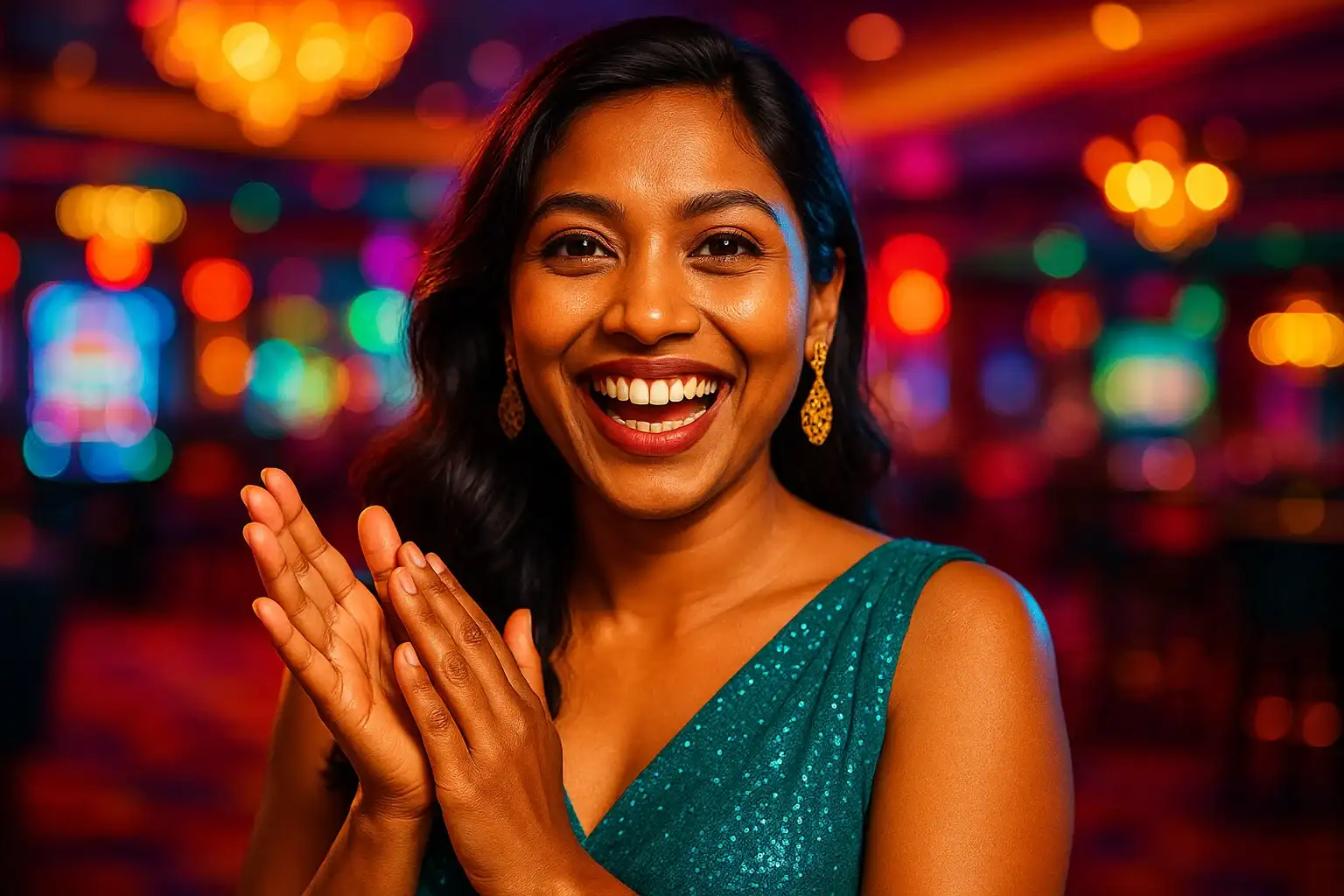 Joyful Bangladeshi woman in evening dress celebrating, blurred casino bar lights