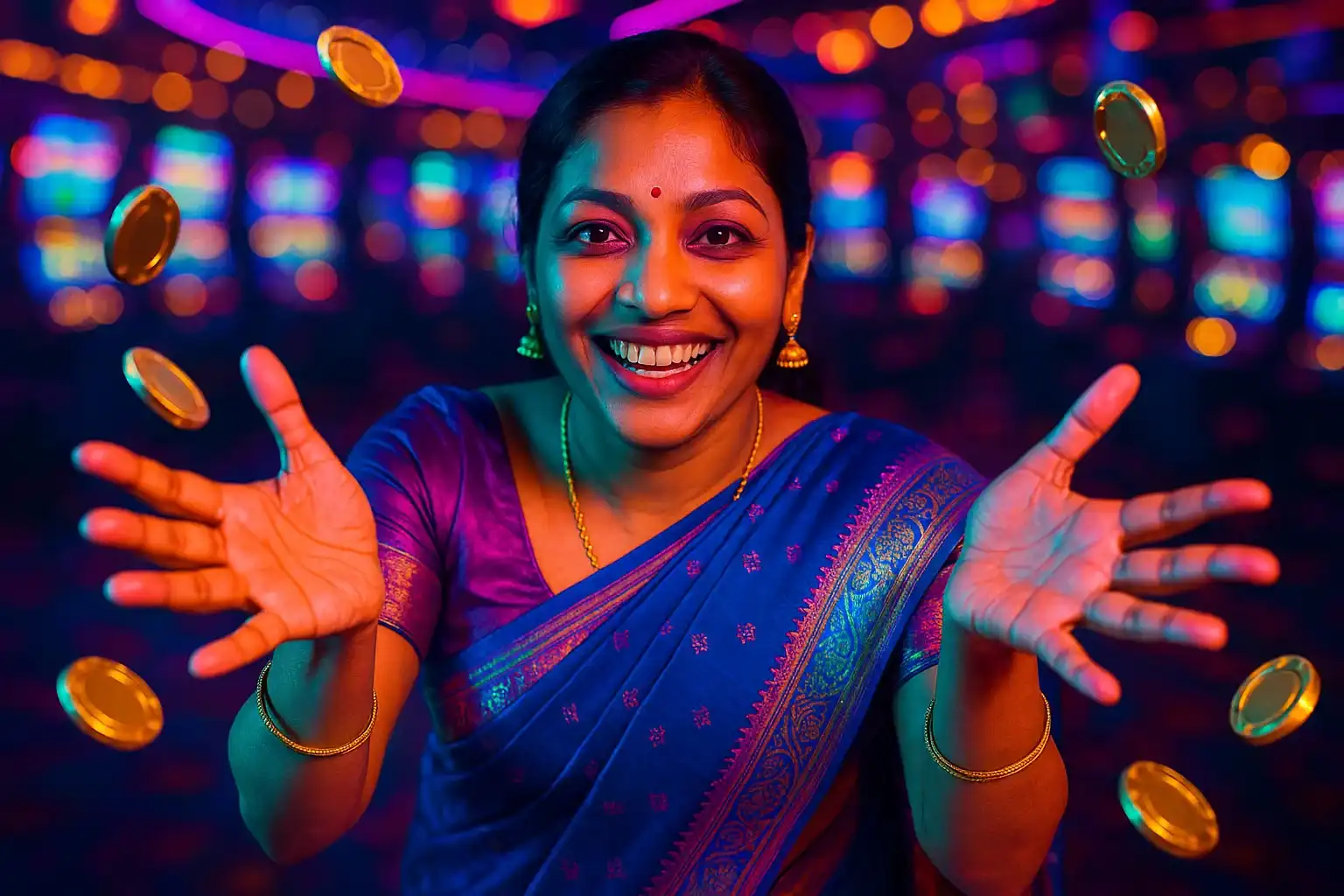Happy Bangladeshi woman in elegant saree catching imaginary coins in casino